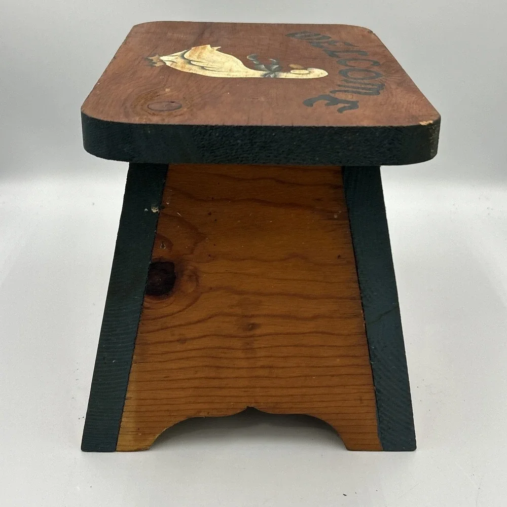 Vtg Wooden Step Stool Hand Painted Duck Welcome Country Farmhouse Cottage Core